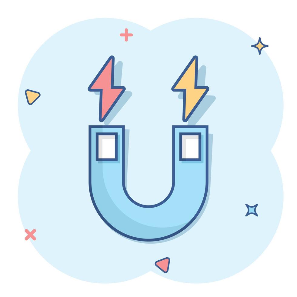 Magnet icon in comic style. Attract cartoon vector illustration on white isolated background. Electromagnetic splash effect business concept.