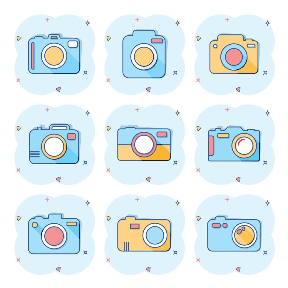 Vector cartoon photo camera set icon in comic style. Photographer cam sign illustration pictogram. Camera business splash effect concept.