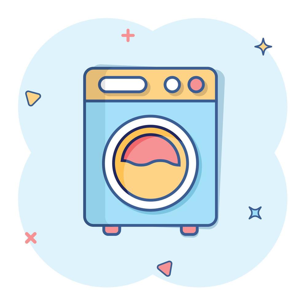 Washing machine icon in comic style. Washer cartoon vector illustration on white isolated background. Laundry splash effect business concept.