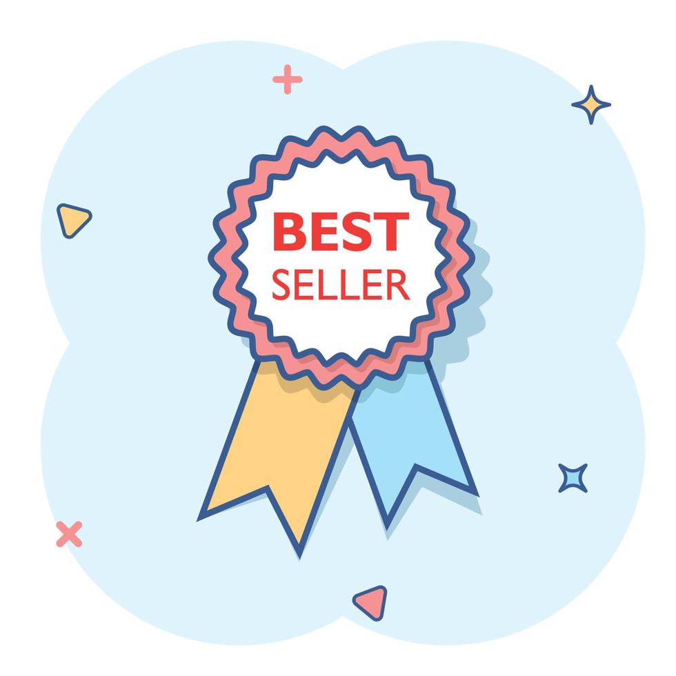 Vector cartoon best seller ribbon icon in comic style. Medal sign illustration pictogram. Bestseller business splash effect concept.