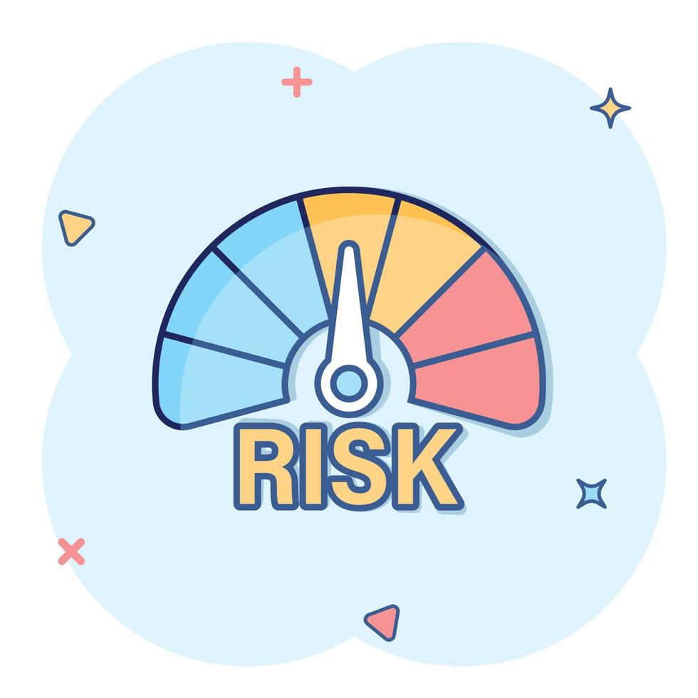 Risk meter icon in comic style. Rating indicator cartoon vector illustration on white isolated background. Fuel level sign splash effect business concept.