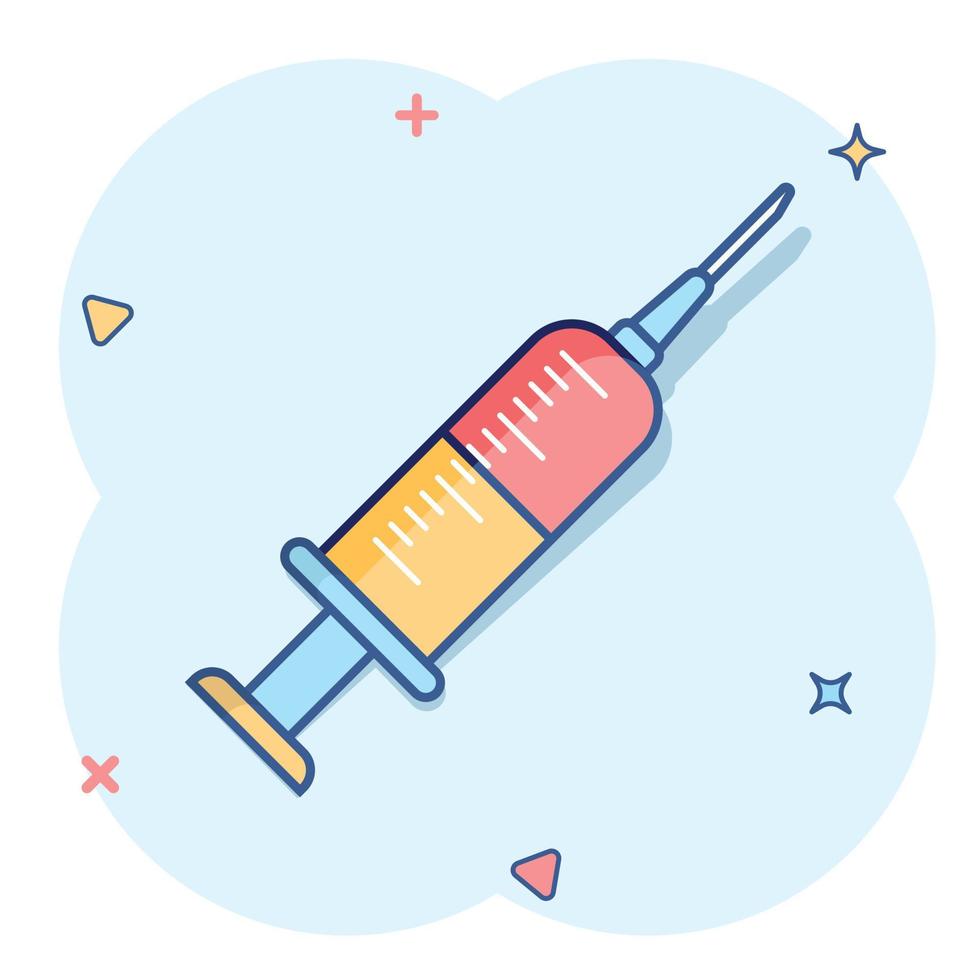 Syringe icon in comic style. Coronavirus vaccine inject cartoon vector illustration on isolated background. Covid-19 vaccination splash effect sign business concept.