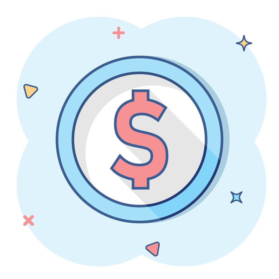 Coins stack icon in comic style. Dollar coin vector cartoon illustration pictogram. Money stacked business concept splash effect.