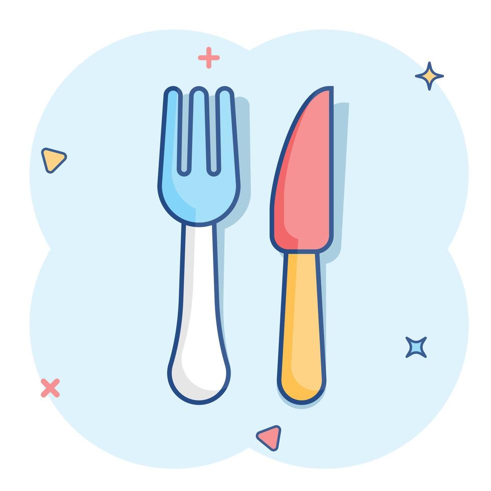 Fork and knife restaurant icon in comic style. Dinner equipment vector cartoon illustration pictogram. Restaurant business concept splash effect.