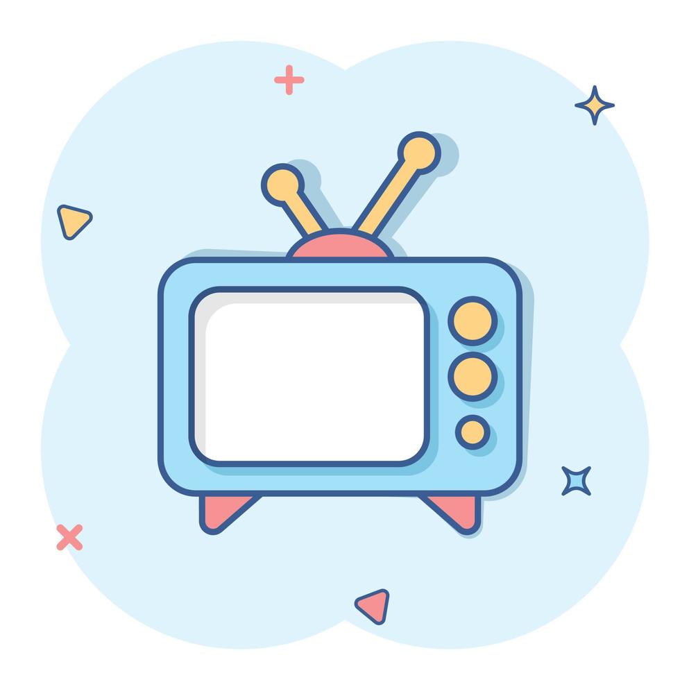 icono de tv en estilo cómico. ilustración de vector de signo de dibujos animados de televisión sobre fondo blanco aislado. concepto de negocio de efecto de salpicadura de canal de video.