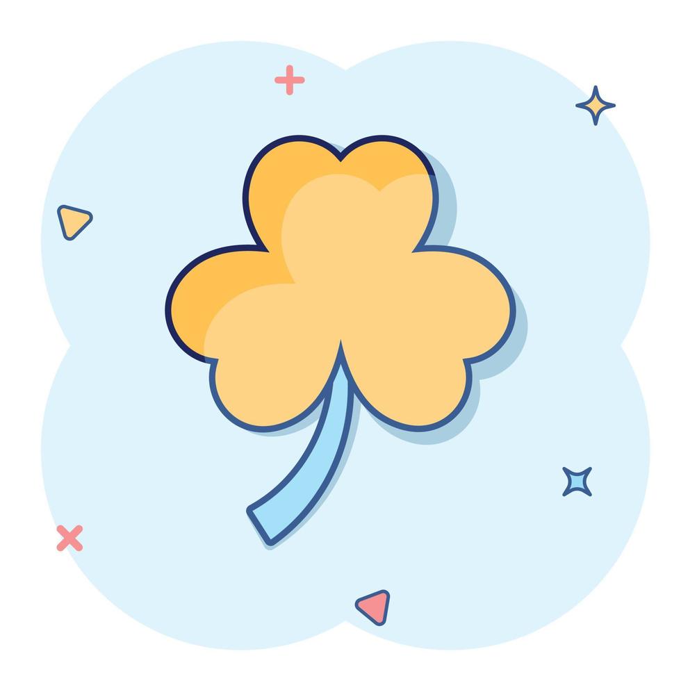 Four leaf clover icon in comic style. St Patricks Day cartoon vector illustration on white isolated background. Flower shape splash effect business concept.