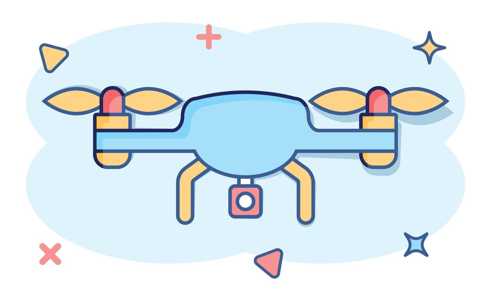 Drone quadrocopter icon in comic style. Quadcopter camera vector cartoon illustration on white isolated background. Helicopter flight business concept splash effect.
