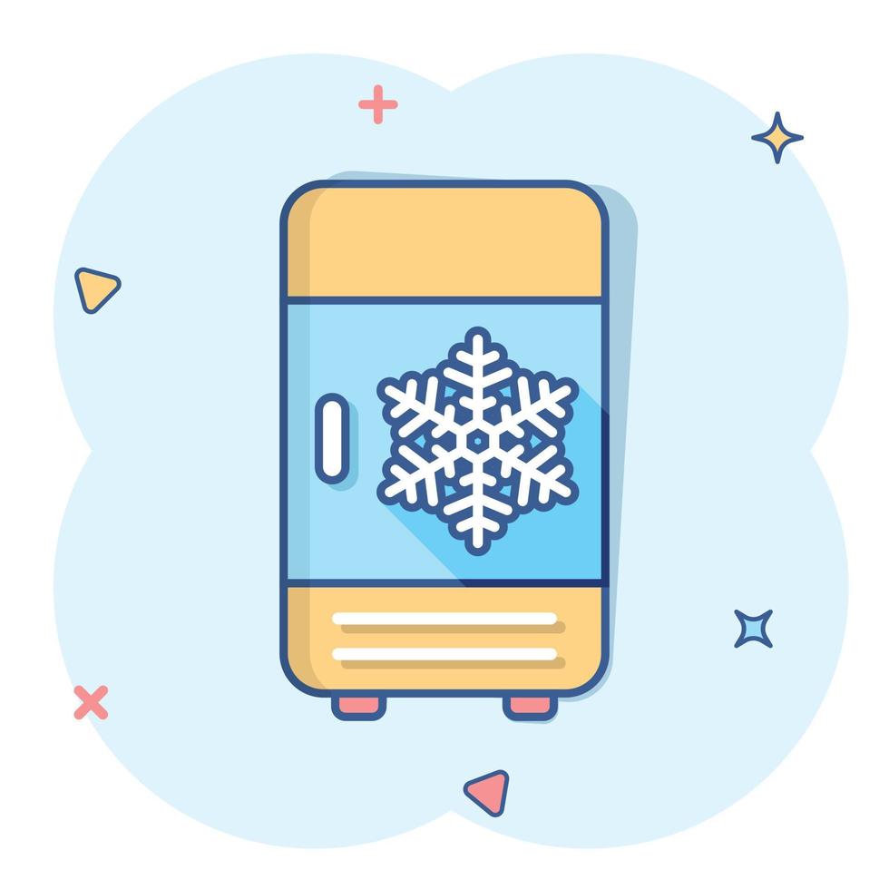 Fridge refrigerator icon in comic style. Freezer container vector cartoon illustration pictogram. Fridge business concept splash effect.