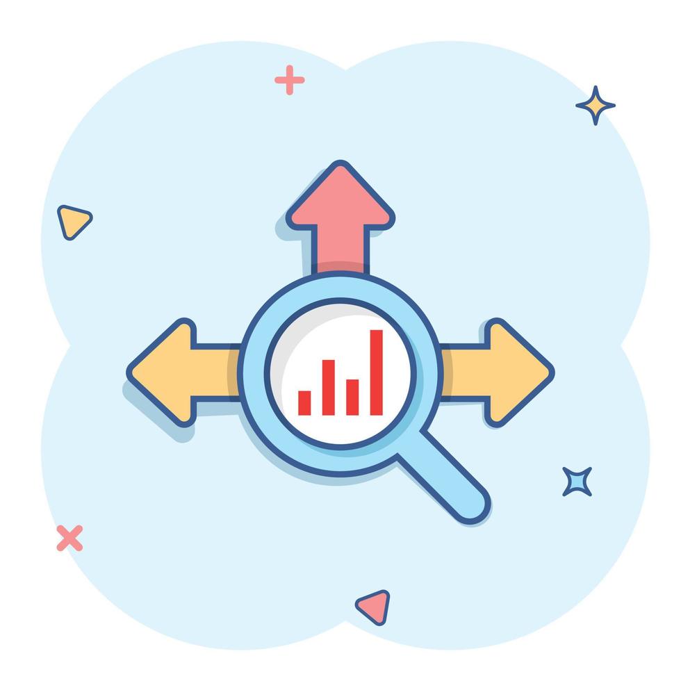 Market trend icon in comic style. Growth arrow with magnifier cartoon vector illustration on white isolated background. Increase splash effect business concept.