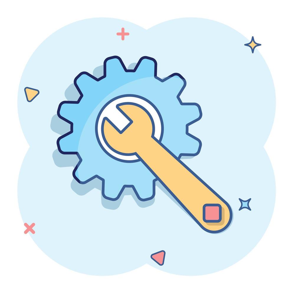 Vector cartoon service tool icon in comic style. Cogwheel with wrench sign illustration pictogram. Workshop business splash effect concept.