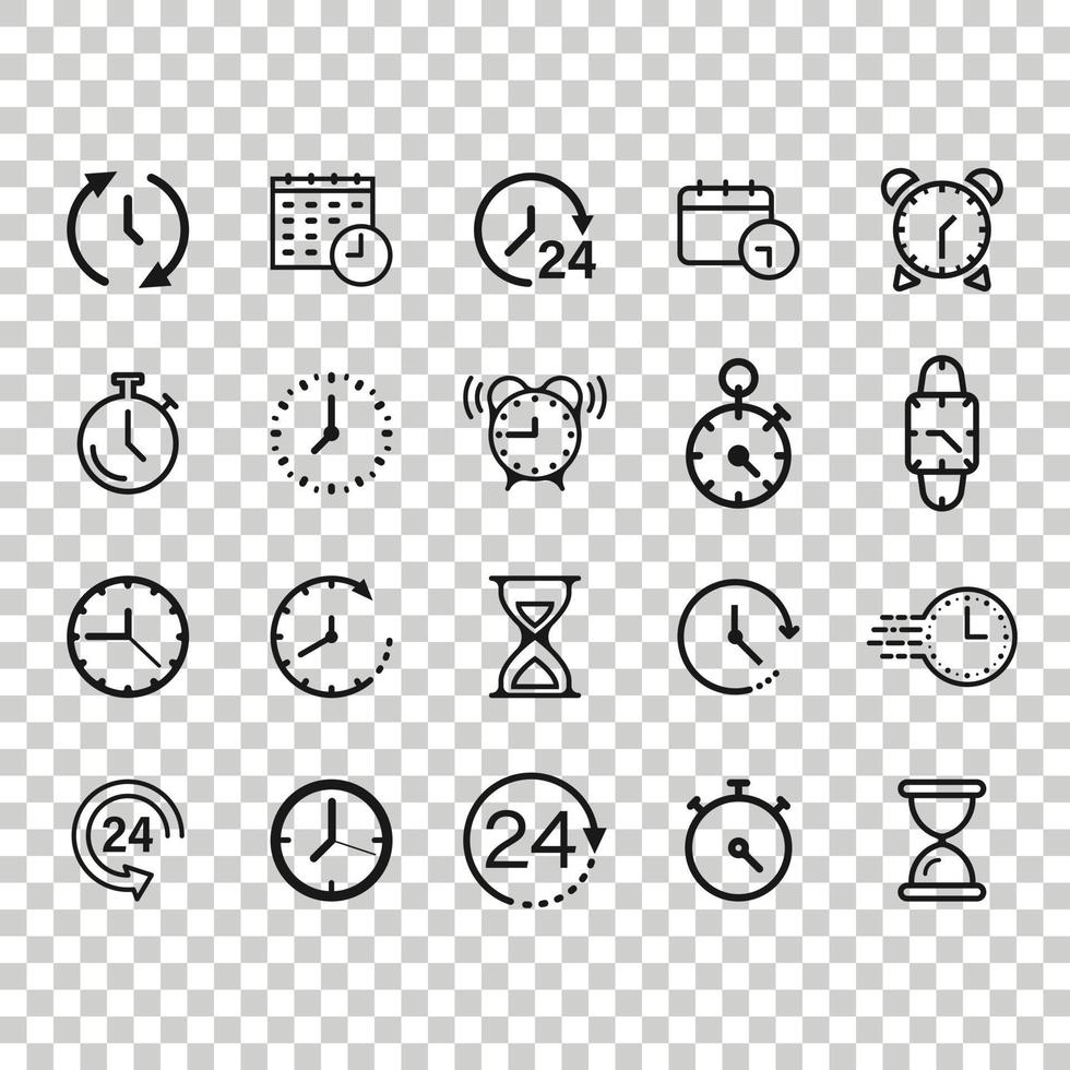 Time icon set in flat style. Agenda clock vector illustration on white isolated background. Sandglass, wristwatch timer business concept.