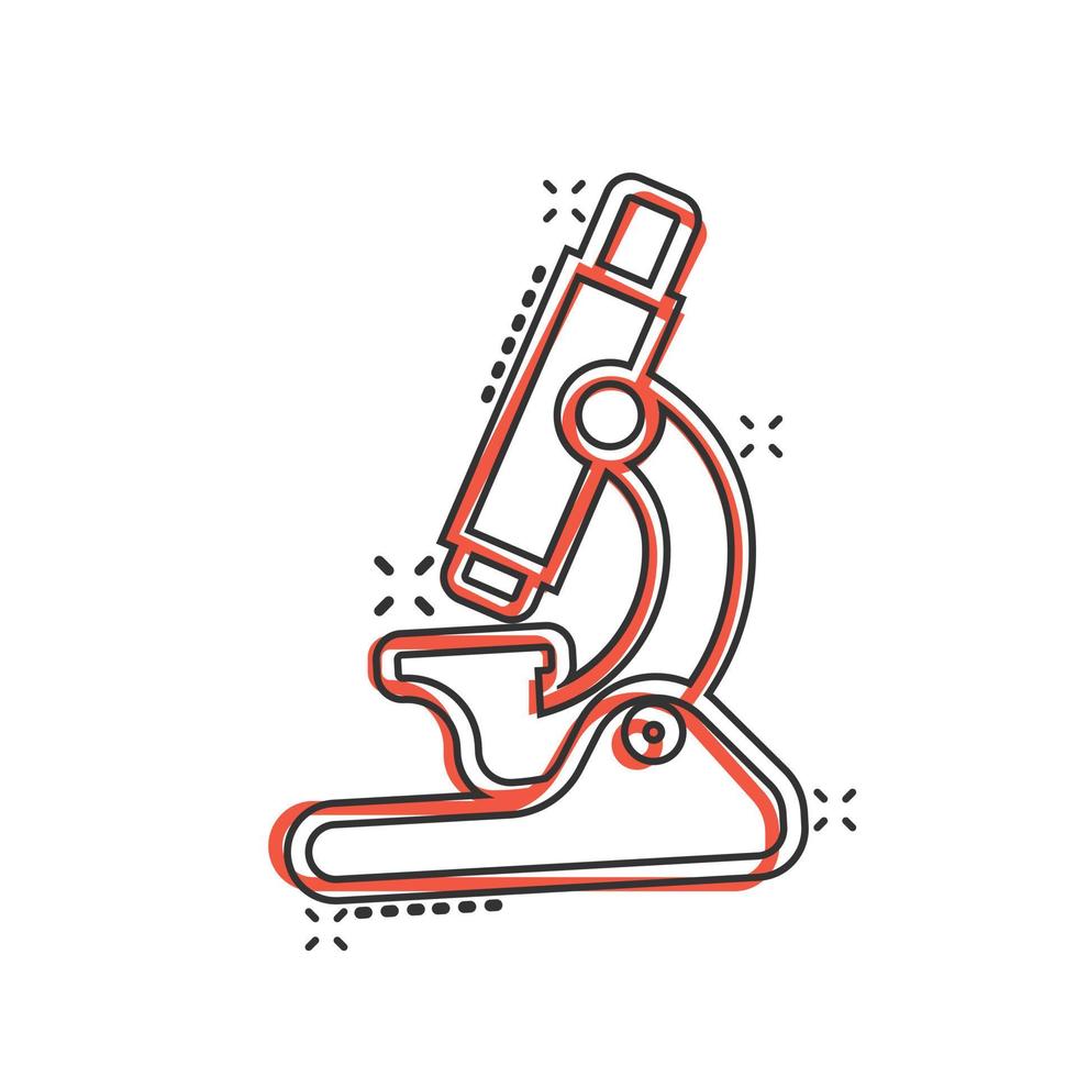 Microscope icon in comic style. Laboratory magnifier cartoon vector illustration on isolated background. Biology instrument splash effect sign business concept.