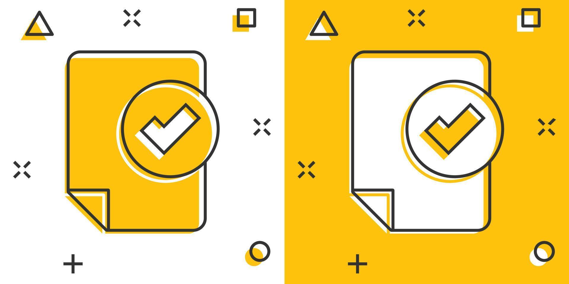 icono de lista de verificación de documentos en estilo cómico. informar ilustración vectorial de dibujos animados sobre fondo blanco aislado. concepto de negocio de efecto de salpicadura de hoja de papel. vector