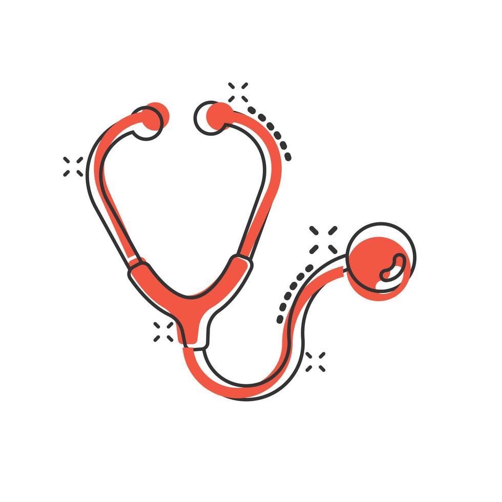 Stethoscope icon in comic style. Heart diagnostic cartoon vector illustration on isolated background. Medicine splash effect sign business concept.