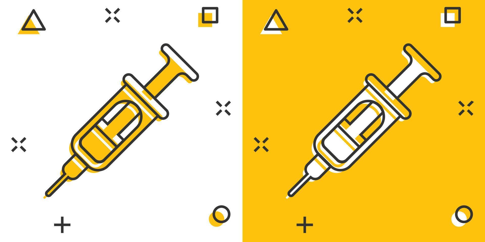 Syringe icon in comic style. Coronavirus vaccine inject cartoon vector illustration on isolated background. Covid-19 vaccination splash effect sign business concept.