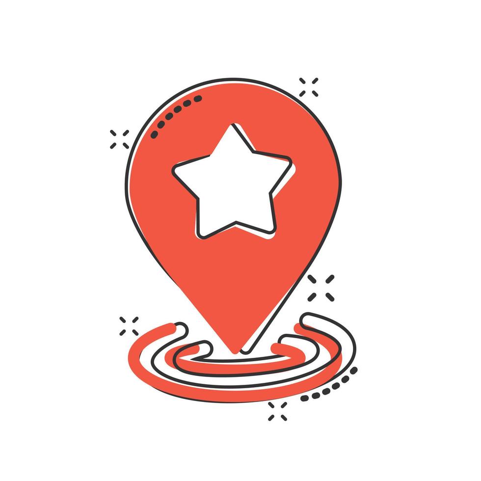 icono de pin de mapa en estilo cómico. ilustración vectorial de dibujos animados de navegación gps sobre fondo blanco aislado. localizar el concepto de negocio de efecto de salpicadura de posición. vector