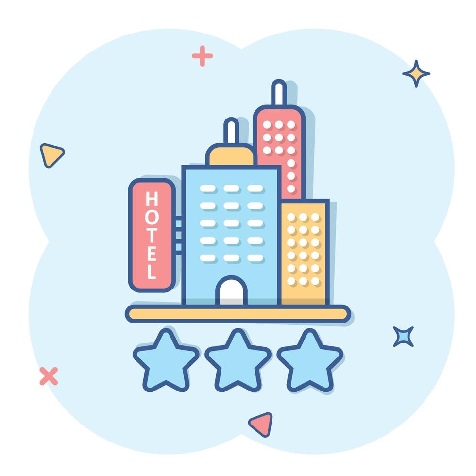 Hotel 3 stars sign icon in comic style. Inn building cartoon vector illustration on white isolated background. Hostel room splash effect business concept.