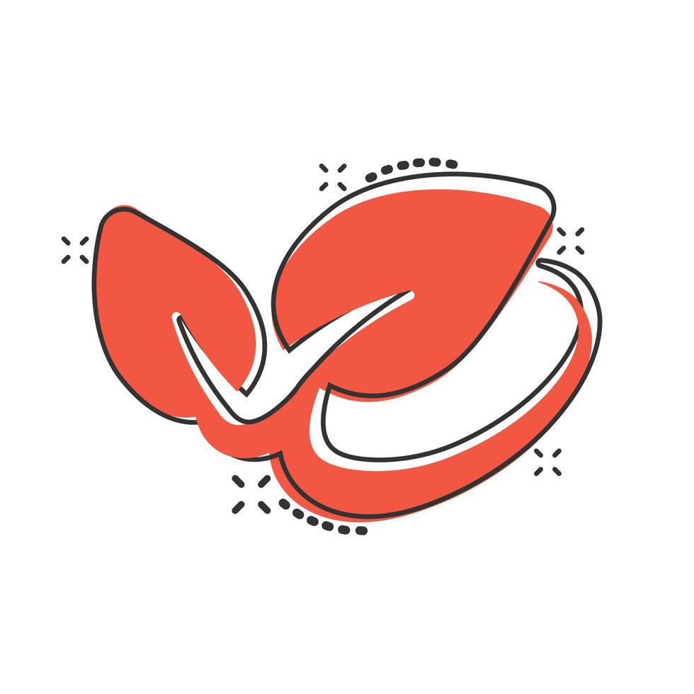 Leaf icon in comic style. Plant cartoon vector illustration on white isolated background. Flower splash effect sign business concept.