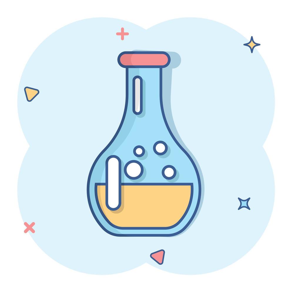 Chemistry beakers sign icon in comic style. Flask test tube vector cartoon illustration on white isolated background. Alchemy business concept splash effect.