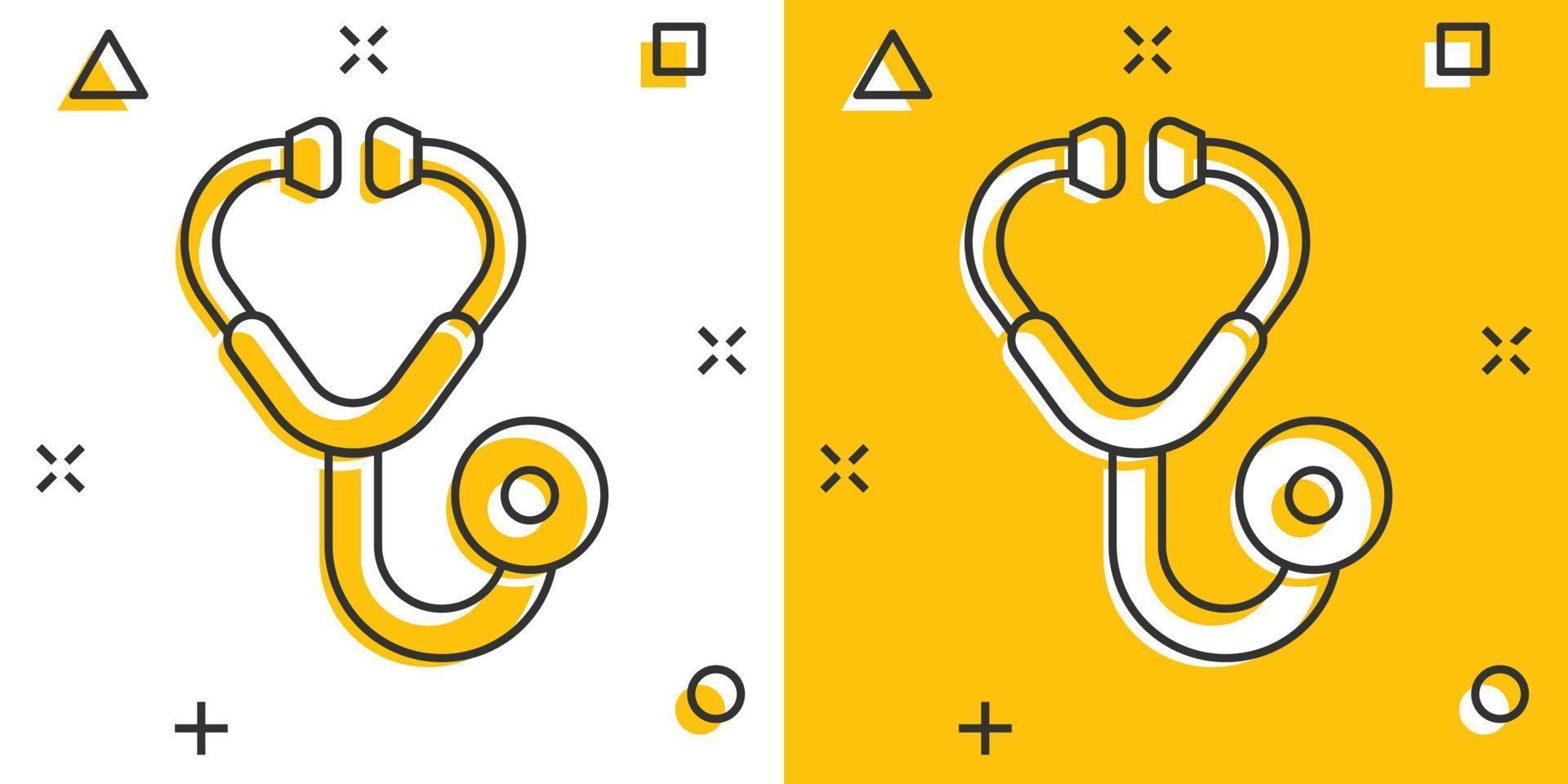 Stethoscope icon in comic style. Heart diagnostic cartoon vector illustration on isolated background. Medicine splash effect sign business concept.