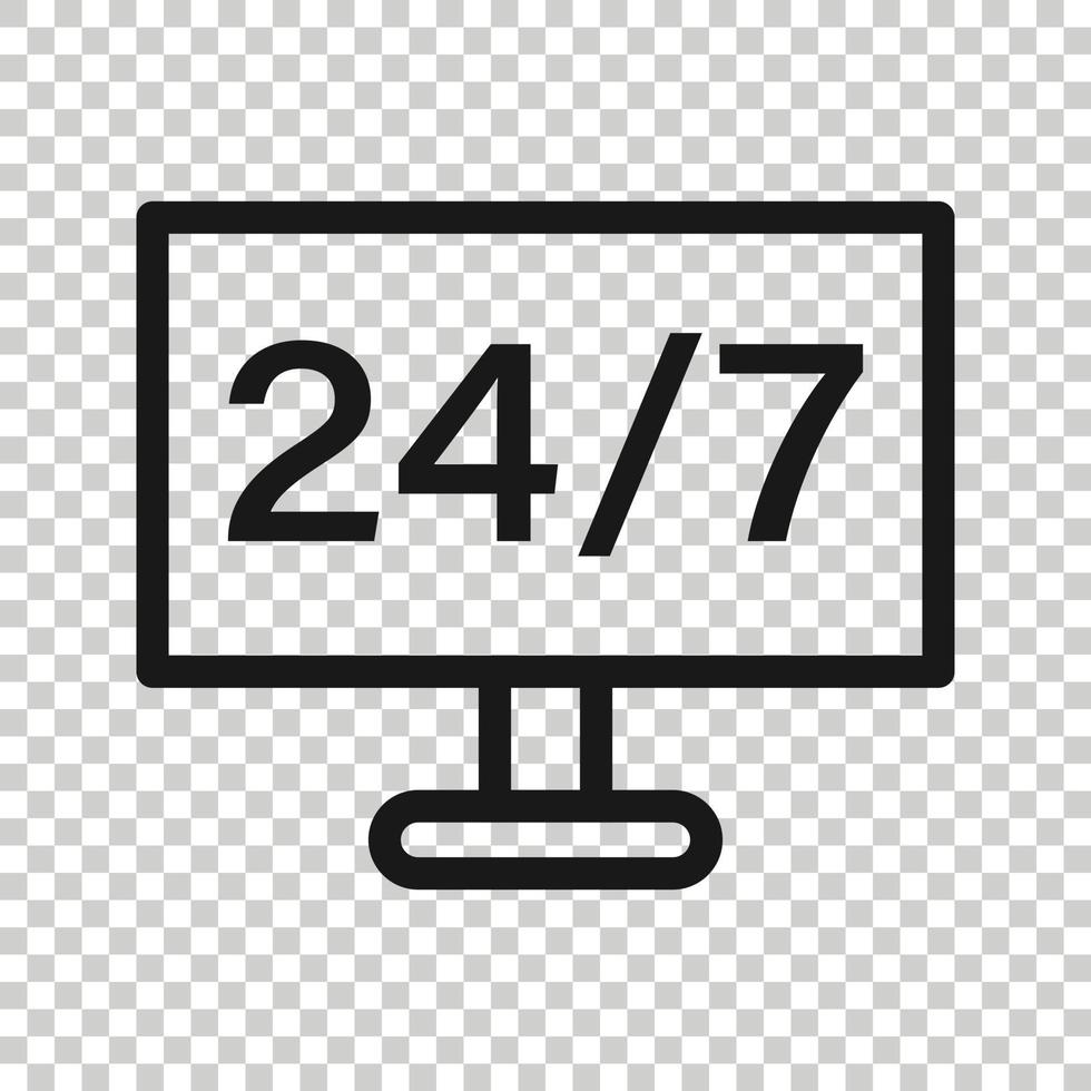 Icono de computadora 24 7 en estilo plano. ilustración vectorial de servicio durante todo el día sobre fondo blanco aislado. apoyar el concepto de negocio. vector