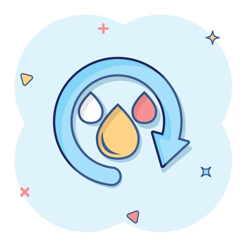Water drop icon in comic style. Blob recycle cartoon vector illustration on white isolated background. Ecology splash effect sign business concept.