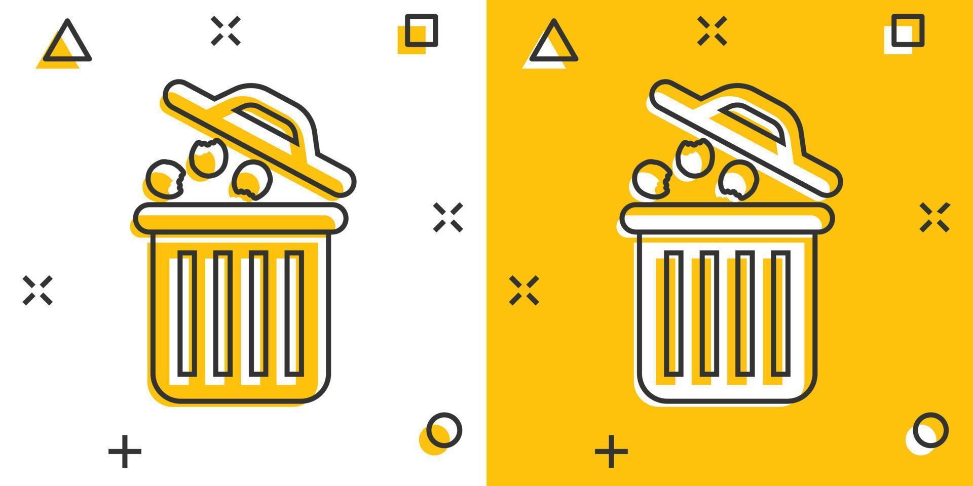 icono de cubo de basura en estilo cómico. reciclar ilustración vectorial de dibujos animados sobre fondo blanco aislado. Concepto de negocio de signo de efecto de salpicadura de cesta de basura. vector