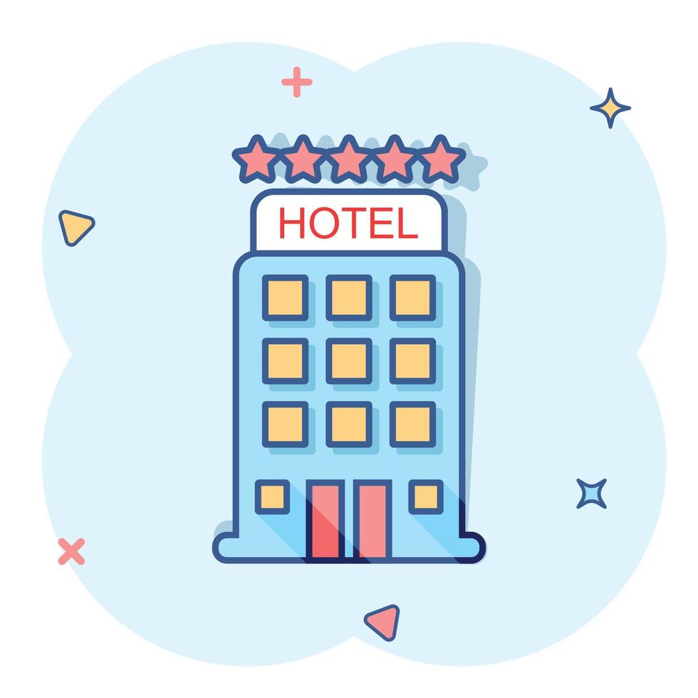 Vector cartoon hotel icon in comic style. Tower sign illustration pictogram. Hotel apartment business splash effect concept.