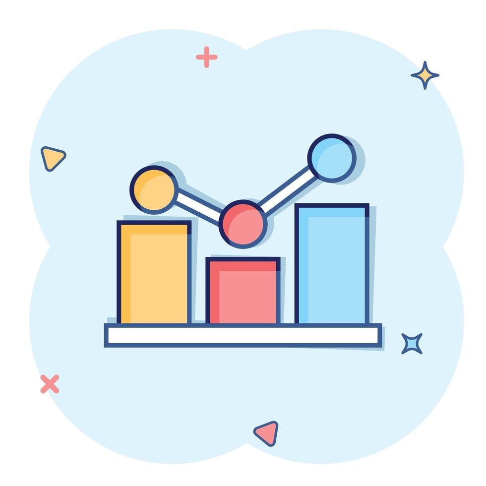 creciente icono de gráfico de barras en estilo cómico. aumentar la ilustración de vector de dibujos animados de flecha sobre fondo blanco. concepto de negocio de efecto de salpicadura de progreso infográfico.