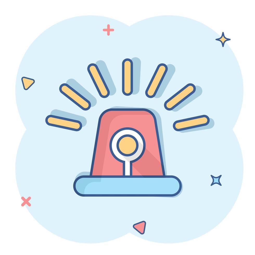 Emergency siren icon in comic style. Police alarm vector cartoon illustration on white isolated background. Medical alert business concept splash effect.