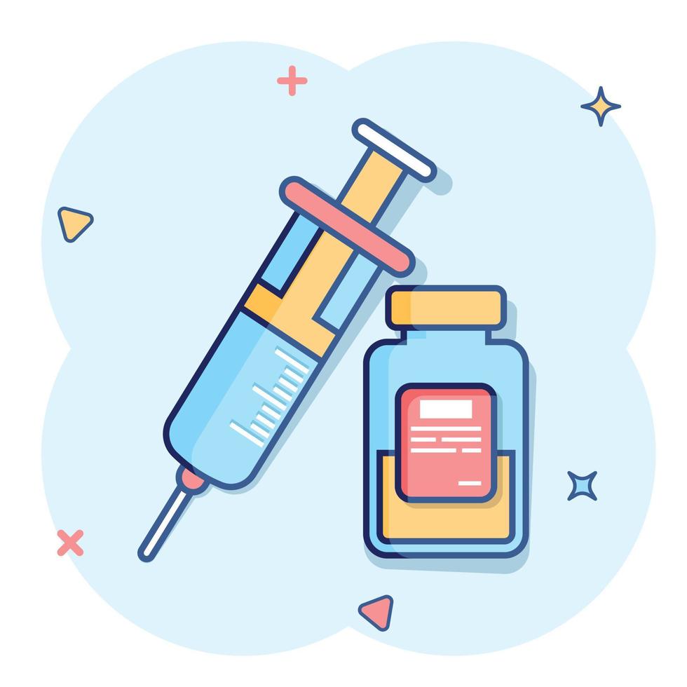 Syringe icon in comic style. Coronavirus vaccine inject cartoon vector illustration on isolated background. Covid-19 vaccination splash effect sign business concept.