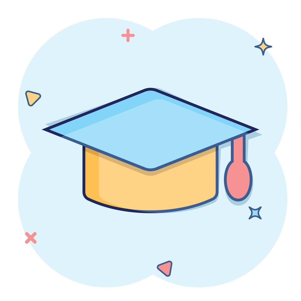 Graduation hat icon in comic style. Student cap cartoon vector illustration on white isolated background. University splash effect business concept.