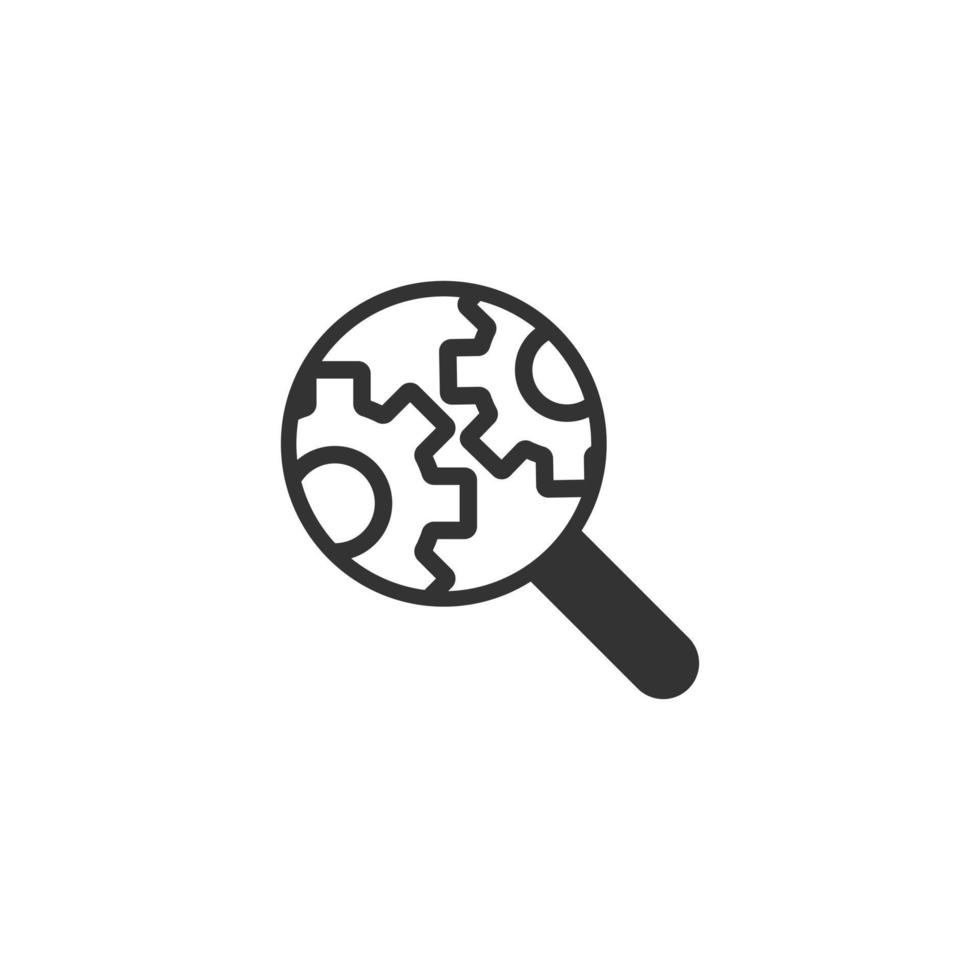 Loupe with gear icon in flat style. Magnifying glass vector illustration on white isolated background. Seo exploration business concept.