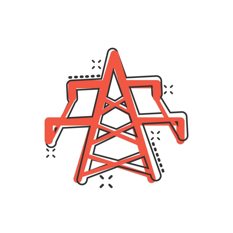 Electric tower icon in comic style. Power station cartoon vector illustration on white isolated background. High voltage splash effect sign business concept.