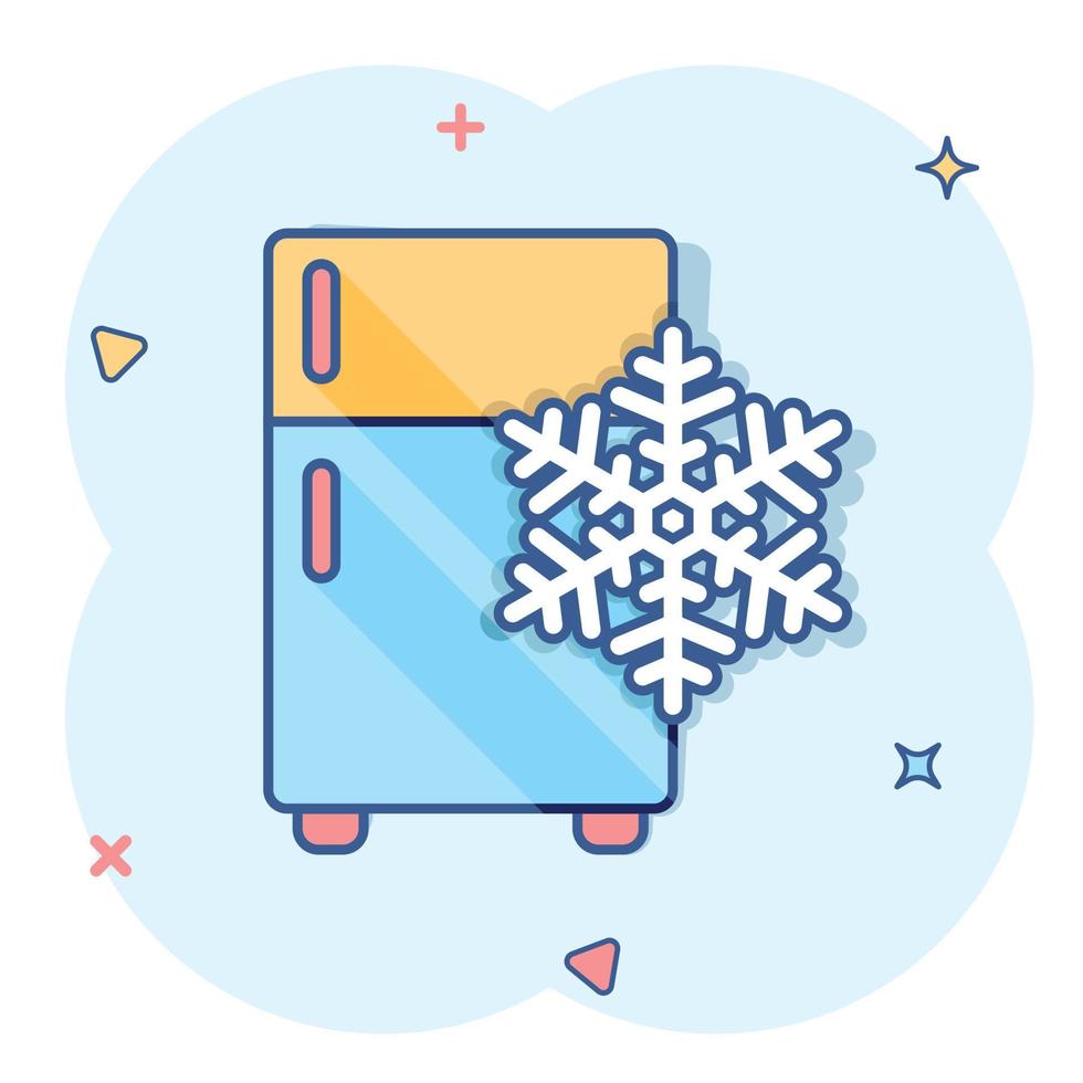 Fridge refrigerator icon in comic style. Freezer container vector cartoon illustration pictogram. Fridge business concept splash effect.