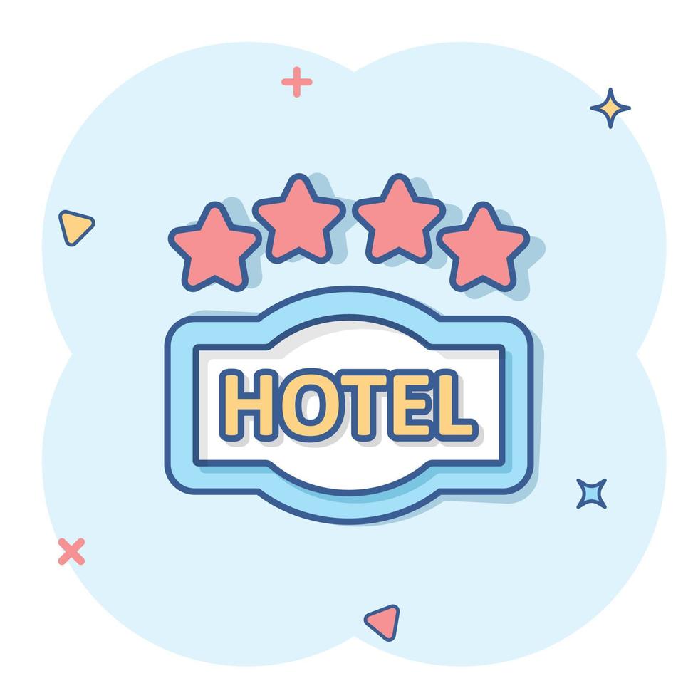 Hotel 4 stars sign icon in comic style. Inn cartoon vector illustration on white isolated background. Hostel room information splash effect business concept.