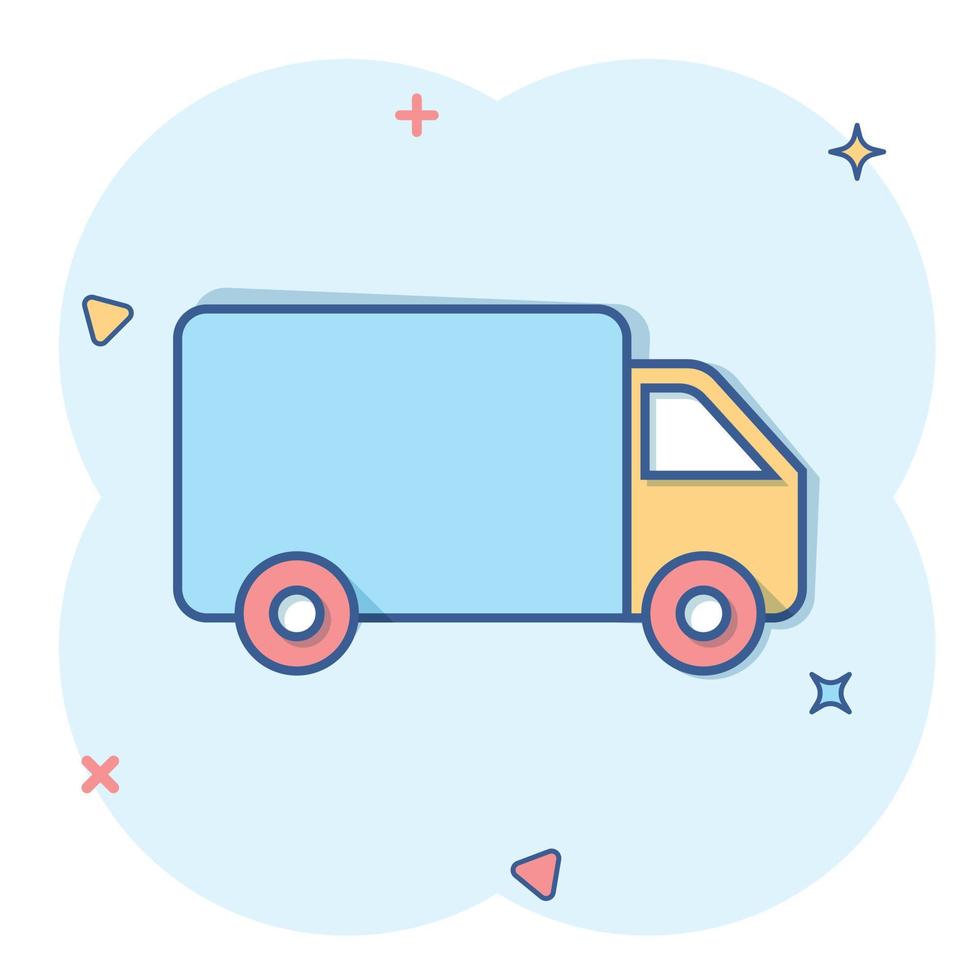 camión de dibujos animados de vector, icono de coche en estilo cómico. pictograma de ilustración de signo de envío de servicio de entrega rápida. concepto de efecto de salpicadura de negocio de furgoneta de coche. vector