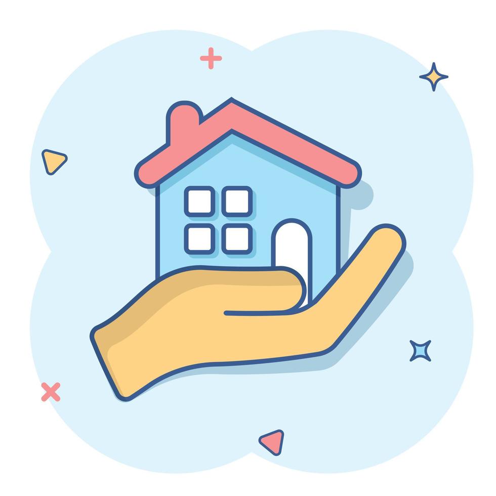 Home care icon in comic style. Hand hold house vector cartoon illustration on white isolated background. Building quality business concept splash effect.