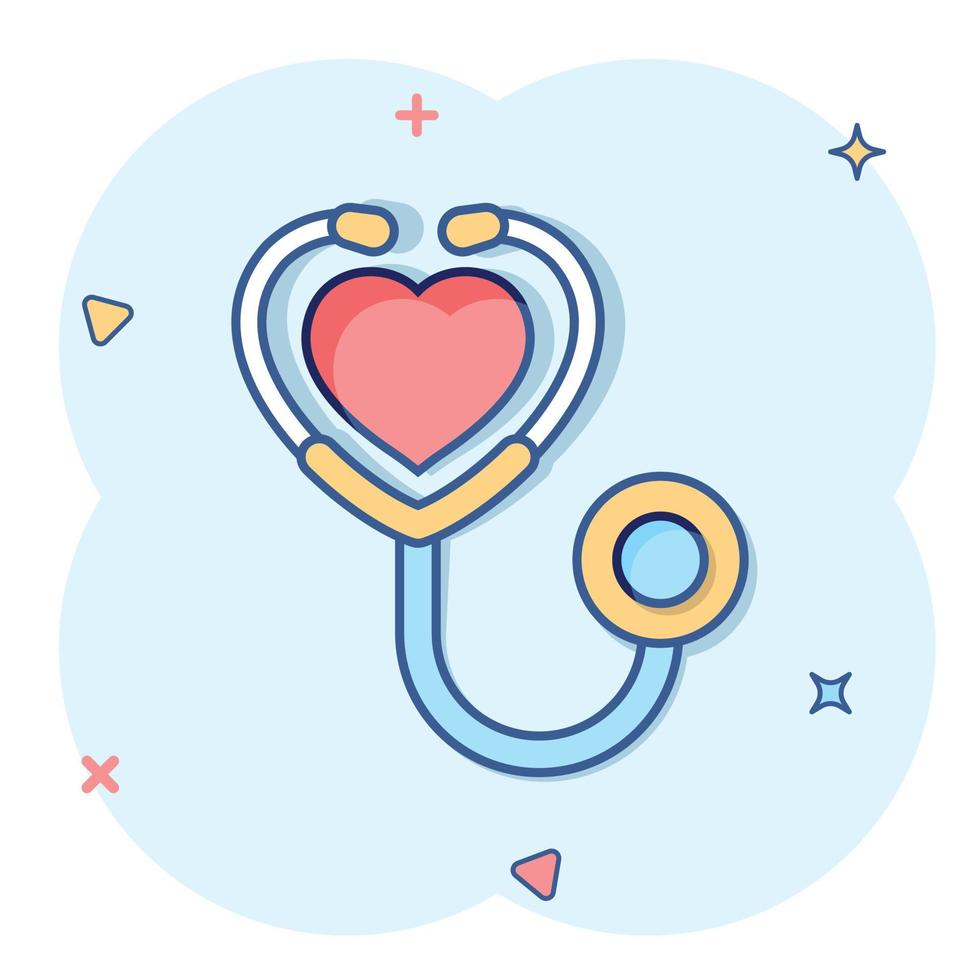 icono de estetoscopio en estilo cómico. ilustración de vector de dibujos animados de diagnóstico de corazón sobre fondo aislado. concepto de negocio de signo de efecto de salpicadura de medicina.