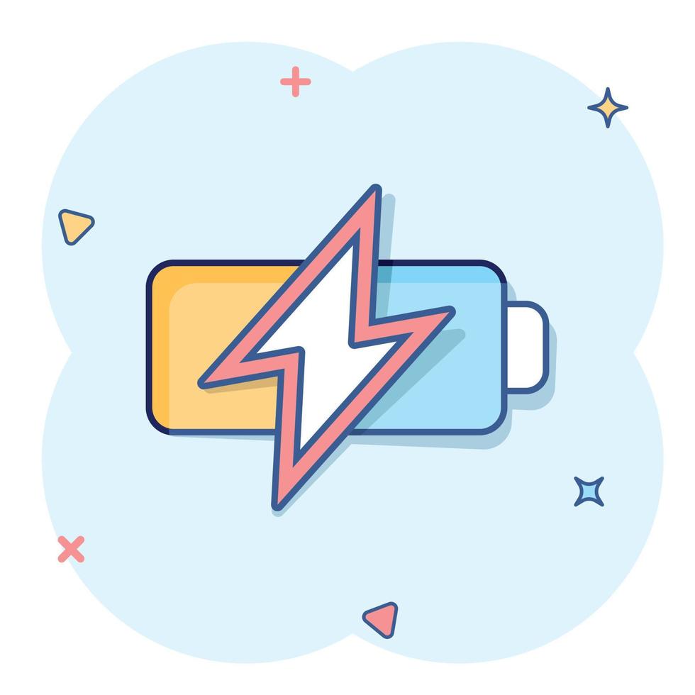 Battery icon in comic style. Accumulator cartoon vector illustration on white isolated background. Energy charger splash effect business concept.