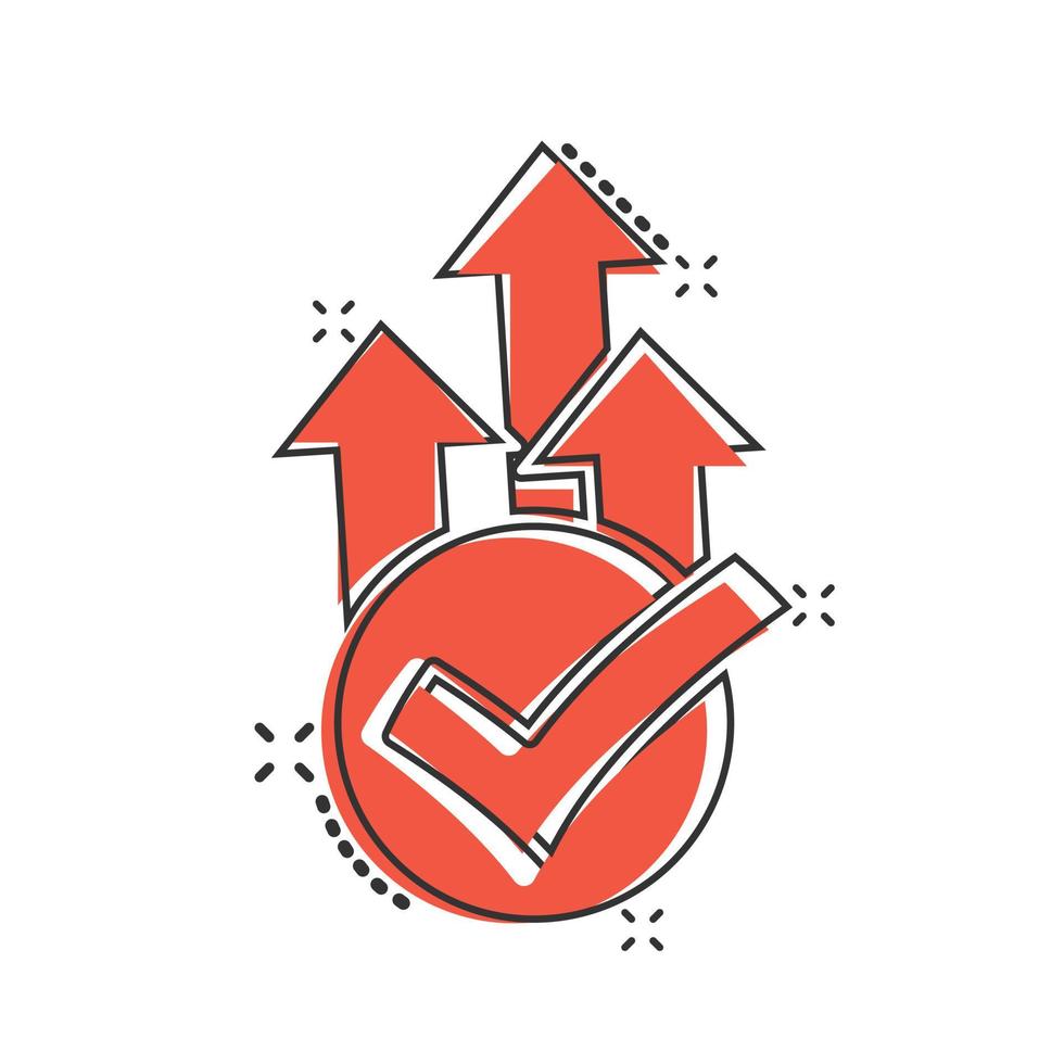 Growth arrow check icon in comic style. Revenue approval cartoon vector illustration on white isolated background. Increase ok splash effect business concept.