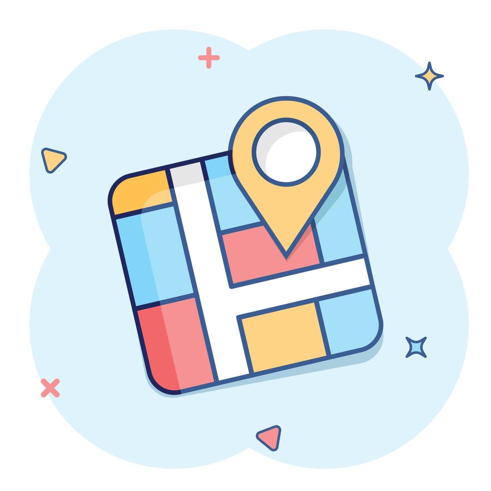 Map pin icon in comic style. GPS navigation cartoon vector illustration on white isolated background. Locate position splash effect business concept.