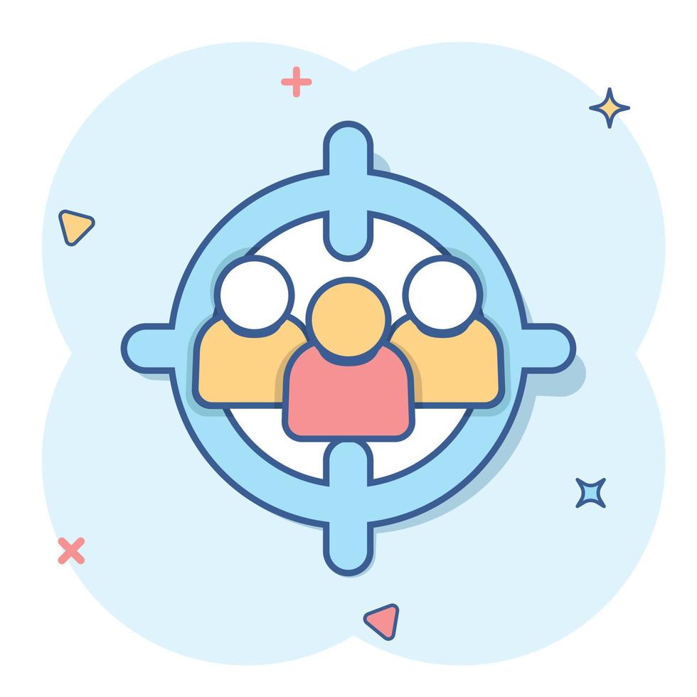 Target audience icon in comic style. Focus on people vector cartoon illustration pictogram. Human resources business concept splash effect.