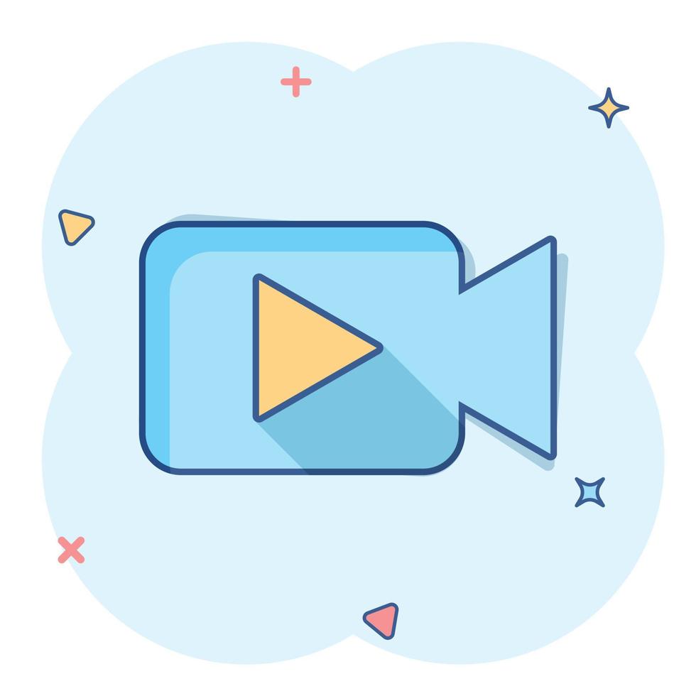Video camera icon in comic style. Movie play vector cartoon illustration pictogram. Video streaming business concept splash effect.