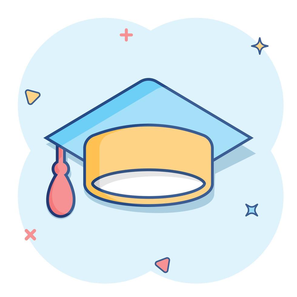 icono de gorra de graduación en estilo cómico. ilustración de dibujos animados de vector de sombrero de educación sobre fondo blanco aislado. efecto de salpicadura de concepto de negocio de licenciatura universitaria.