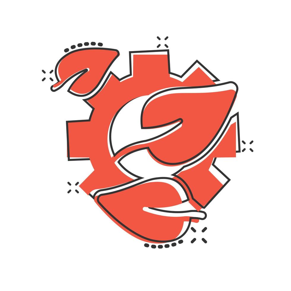 Leaf and gear icon in comic style. Cog with plant cartoon vector illustration on white isolated background. Eco machine splash effect sign business concept.