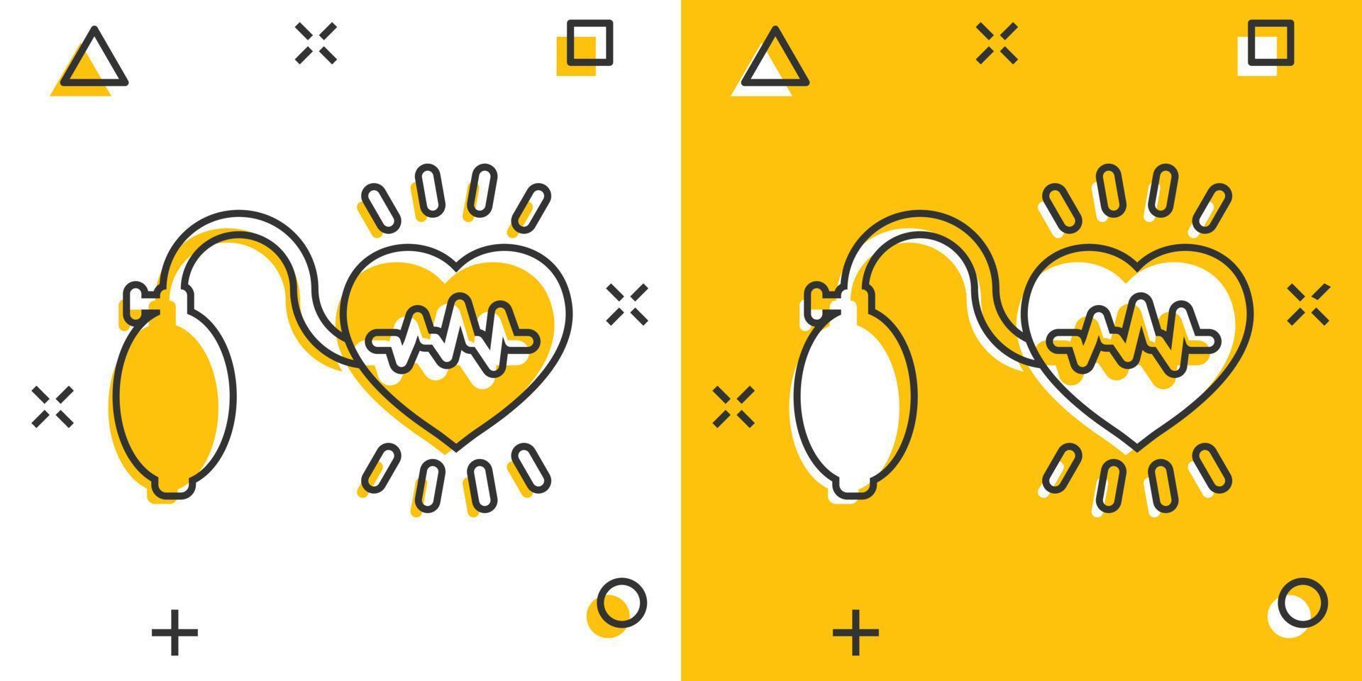 ícono de presión arterial en estilo cómico. monitor de latido del corazón ilustración vectorial de dibujos animados sobre fondo aislado. concepto de negocio de signo de efecto de salpicadura de diagnóstico de pulso. vector