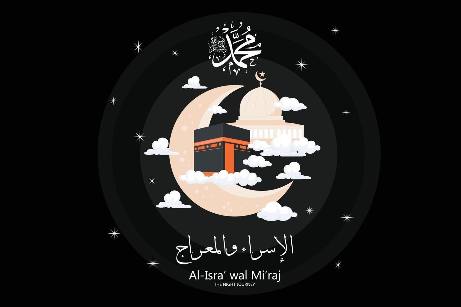 Isra and Mi'raj written in Arabic Islamic calligraphy. Translation is Isra and Mi'raj are the two parts of a Night Journey according to Islam, flat vector modern illustration