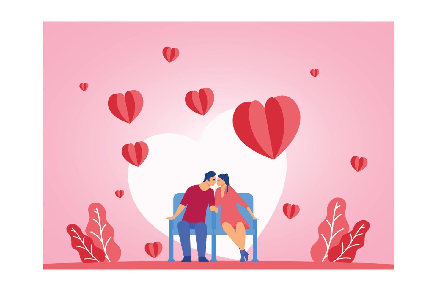 Vector illustration of a couple kissing on white heart background with heart flower on pink floor. Love concept, Valentine's day background, flat vector modern illustration