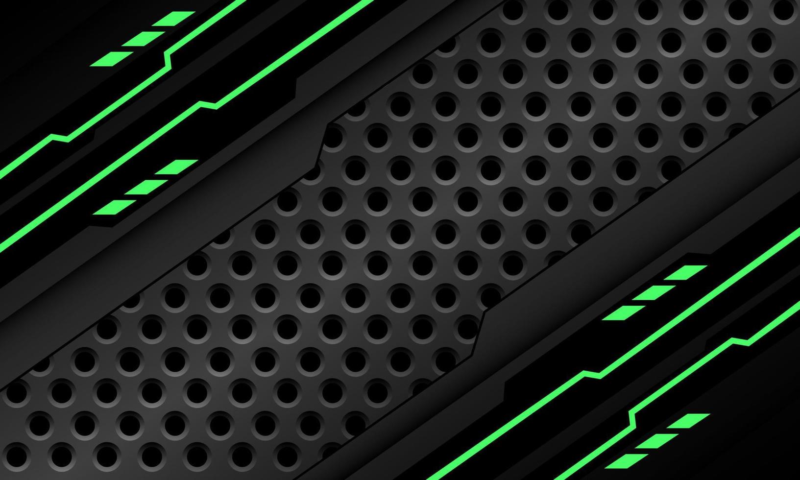 Abstract black circuit green light cyber geometric slash on grey metallic circle mesh design modern technology futuristic background vector